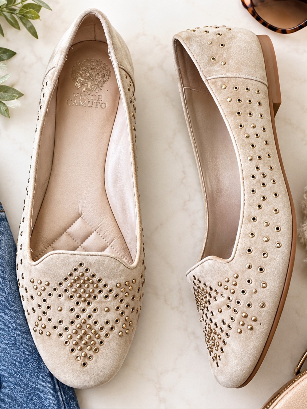 Vince Camuto Lonovan Studded True Suede Flats Tan Bamboo 8.5M